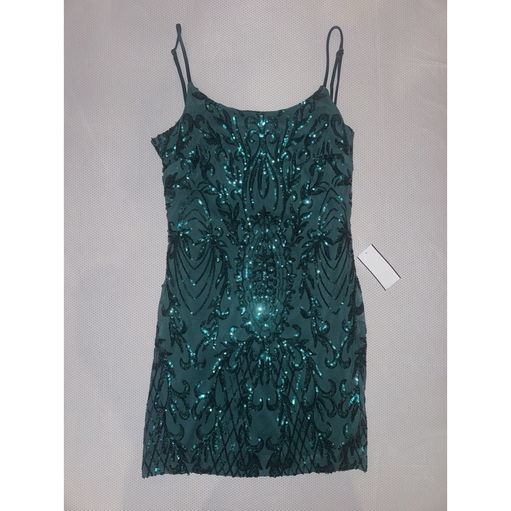 NWT Midnight Doll Sequin‎ Strappy Back Bodycon Mini Dress Hunter Green Size L
